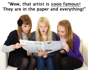 Three girls looking at a newspaper astonished as they read about an artist