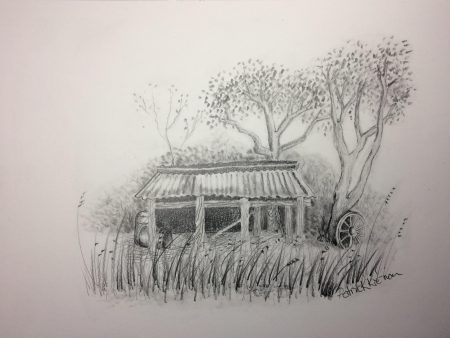Shaded drawing of an old hay shed