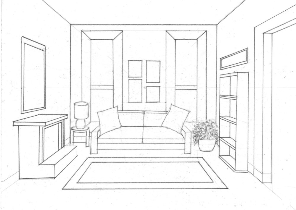 One Point Perspective Drawing Room Interior - Rectangle Circle