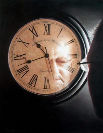 Clock with portrait of her father Cecile Baird Time to reflect coloured pencil