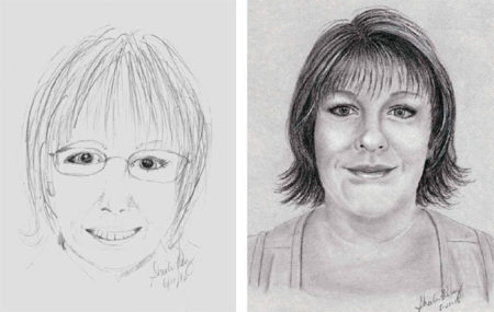 Pre-instruction self-portrait by Sheila (left) and self-portrait created during the course (right)