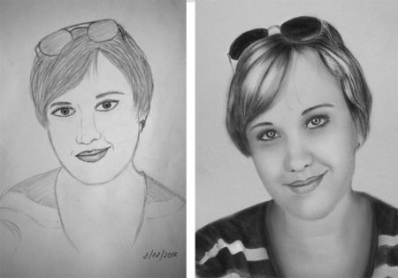 Olga's pre-instruction self-portrait (left) and self-portrait created during the course (right)