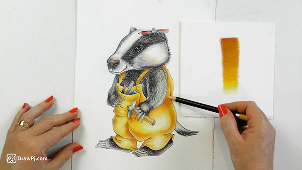 A pencil drawing a gradation on a children's picture book character.