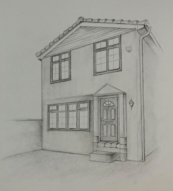 Pencil Drawing of the Little House in the English Countryside by Idiko Kujbus