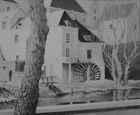 Village Watermill drawing in graphite by Ingrid van Gorkom