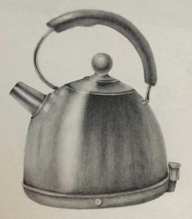 Pencil shaded shiny silver kettle by Tejaswini Basani