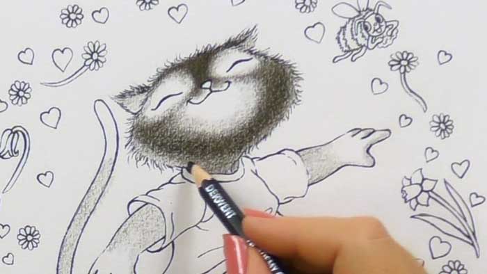 A pencil drawing a gradation on a children's picture book character.