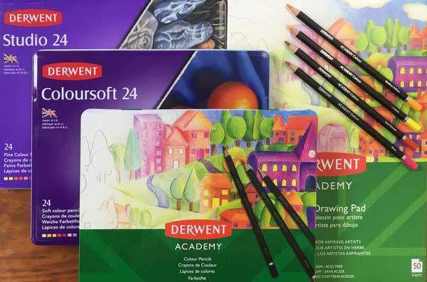 Assorted coloured pencil brands in boxes