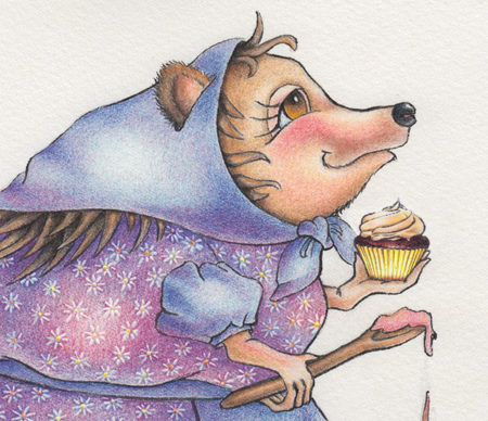 Mrs Henrietta Quill the hedgehog character with a cupcake
