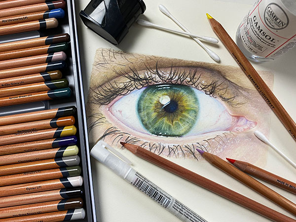 Derwent Lightfast eye in realism coloured pencil drawing