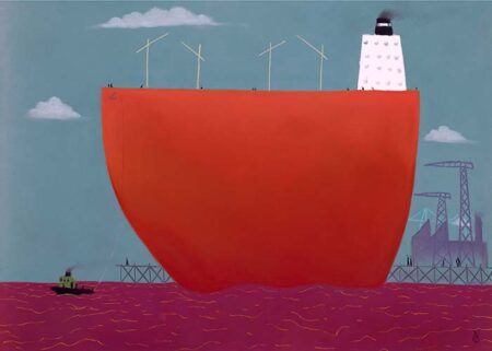 Painting of a big red ship leaving the port with cranes in the background