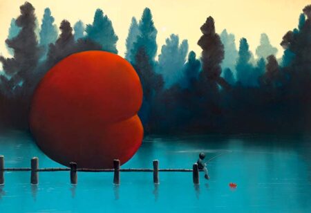 Pastel painting of big heart on a jetty on a lake with a figure sat on the end of the jetty