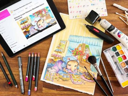 ipad with online community plus an colored pencil drawing and lots of lovely pencils and art materials