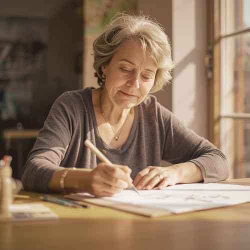 Peaceful woman in studio drawing