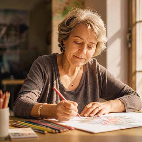 Peaceful woman in studio drawing